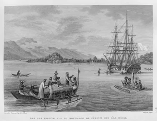 パプア諸島：ラワク島のそばに係留された「ウラニー」号の眺め、『1817-20年、コルベット艦ウラニー号による世界周航』より、ニケ版刻、1825年刊